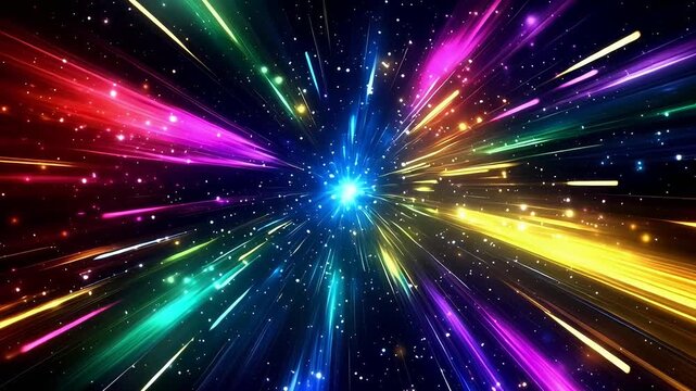 Vibrant abstract background with colorful light streaks and particles.