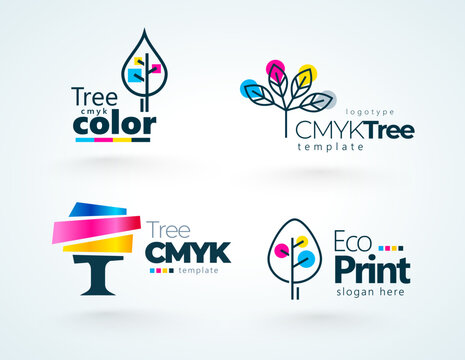 Set logos Printing theme.  Abstract Tree Cmyk Colors. Template design vector. White background