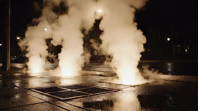 Steam erupts from city grates at night, illuminated by streetlights and reflecting on wet pavement