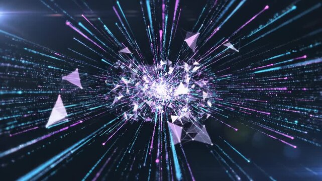 Abstract explosion of digital triangles and light streaks in purple and blue hues