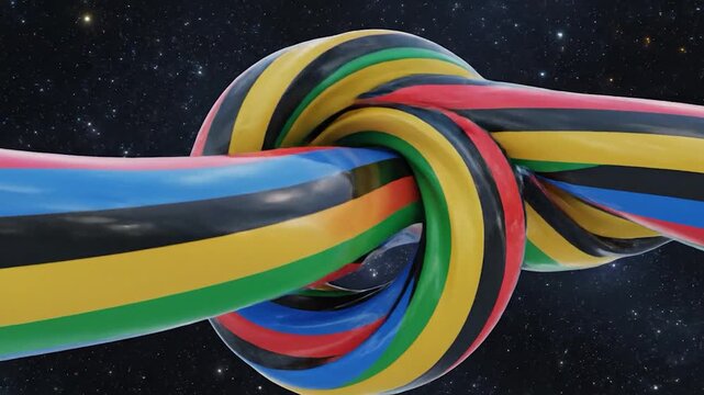 A vibrant multicolored twisted rope forms a complex knot against a starry space