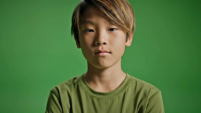 Boy with confident expression posing against green background