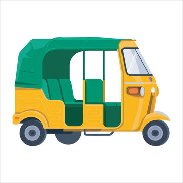 A yellow motorized rickshaw has green seating and covering on a transparent backdrop