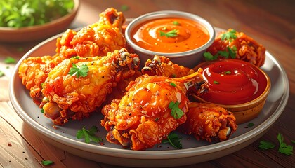 A plate of spicy fried chicken with dipping sauces on a wooden table