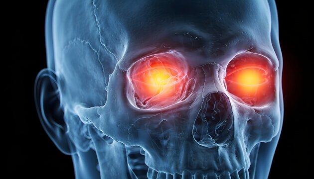 X-ray of skull showing cluster headache pain around the eyes, red and orange highlights indicating intense pain, blue tone medical imagery.