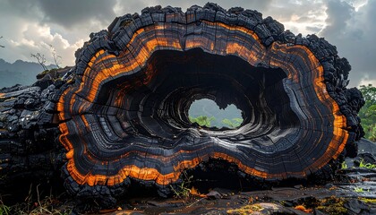 Large burnt tree trunk showcasing glowing orange layers and a hollow interior