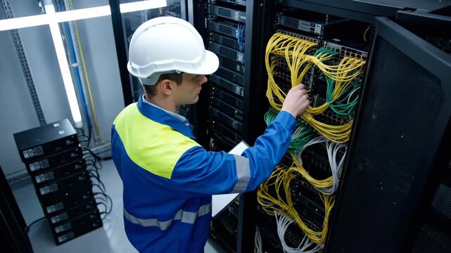 IT technician in hard hat and safety vest checks cables in a server room. Focus on technology and network infrastructure.