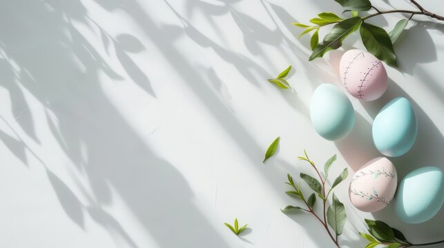 Pastel easter eggs and greenery with shadows on white background for holiday decor. Horizontal banner. Copy space. Free space for text