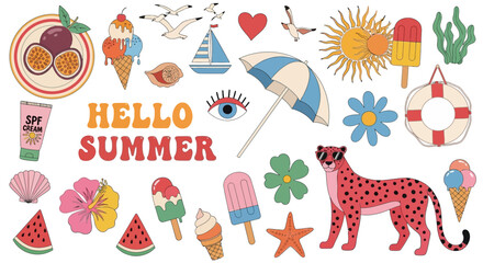 Vibrant summer icons and a cheetah surrounded by colorful treats and symbols on a white background with ergonomic fun © Hussnain