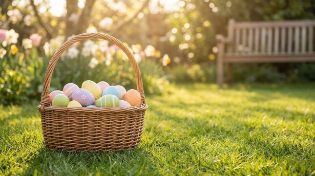 Vibrant easter garden with colorful egg basket in springtime scene. Horizontal banner. Copy space. Free space for text. Happy Easter
