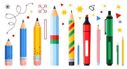 Colorful illustration of various pencils and pens with decorations