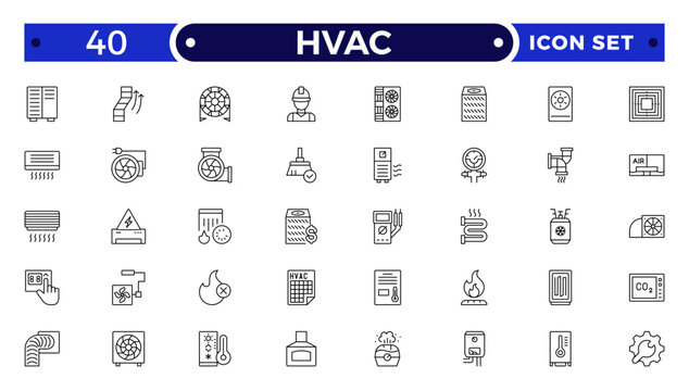 HVAC outline icon set .Ventilation equipment line icons. Air conditioning, cooling appliances, exhaust fan. Household and industrial ventilator thin linear signs for store.