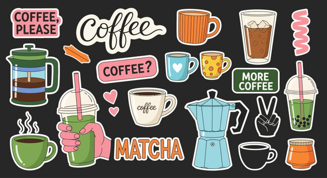A vibrant collection of coffee and matcha themed stickers displayed on a dark surface