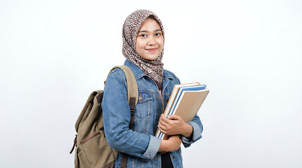 Smiling young woman wearing hijab holding books and backpack standing in studio