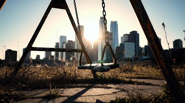 A weathered swing set frames a city skyline, sun bursting through high-rise buildings at sunset
