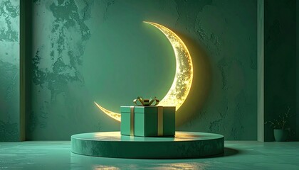 Minimalist green gift box on round podium with glowing crescent moon backdrop representing ramadan or eid mubarak religious holiday themed background