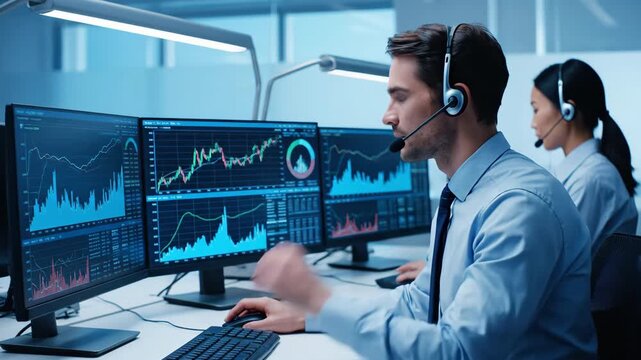 A male professional in a blue shirt and tie wears a headset, analyzing financial data on multiple computer monitors displaying charts and graphs in a bright office setting.