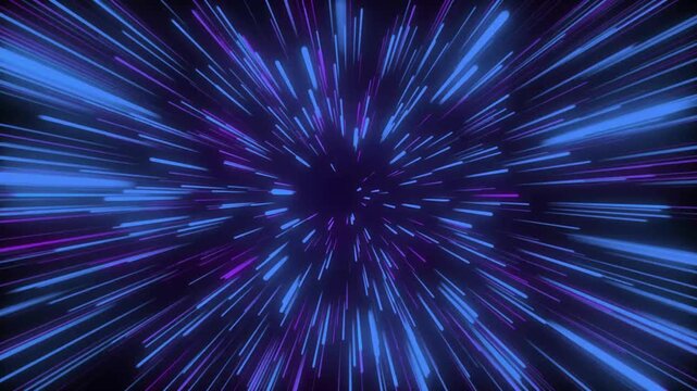 Futuristic hyperspace warp speed light travel effect with glowing blue and purple streaks abstract cosmic space motion