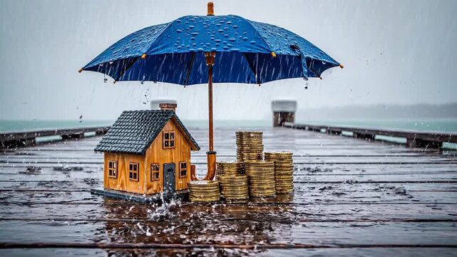 Umbrella safeguarding house and money from rain, symbolizing home insurance and vital financial security