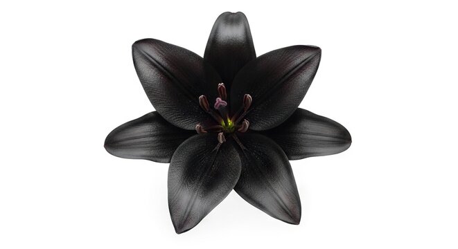 Closeup of a dark almost black flower with six petals and visible stamen