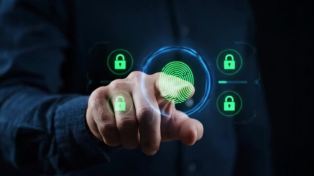 Close up of a person's hand touching a fingerprint scanner with digital lock icons, symbolizing security and access control.