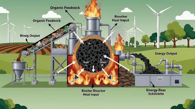 Animated diagram of a biomass gasification process using arrows to indicate the different states