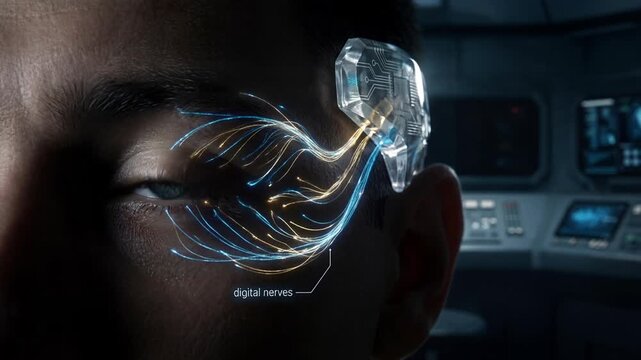 Human eye merged digital symbiosis concept. Futuristic human eye with digital nerves and technology interface in cybernetic environment