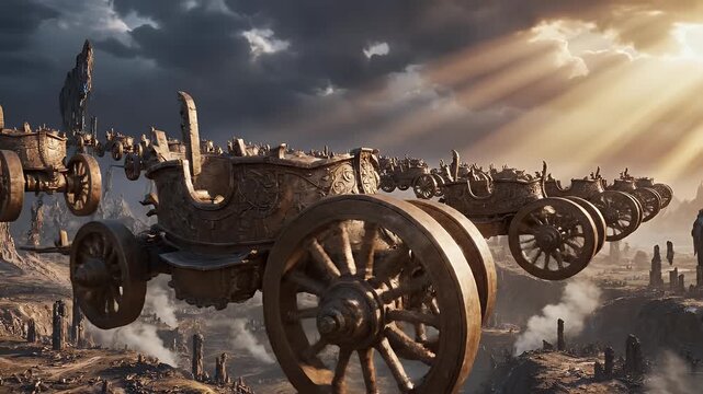 An impressive array of ancient chariots race across an ethereal landscape beneath a dramatic sky