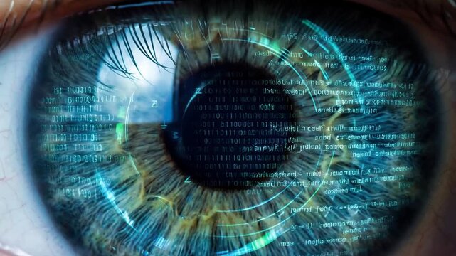 Human eye merged digital symbiosis concept. Close up of human eye with digital binary code and futuristic technology overlay for cybersecurity concept