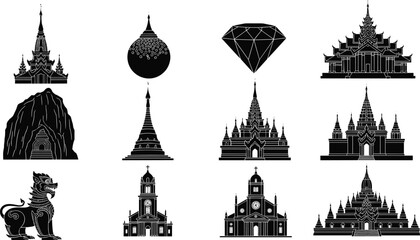 Southeast Asian temple and cultural landmark silhouette illustration set in black and white, traditional architecture icons, sacred symbols, and heritage monument designs isolated on white