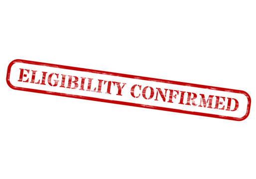 Red and white eligibility confirmed rubber stamp on black background