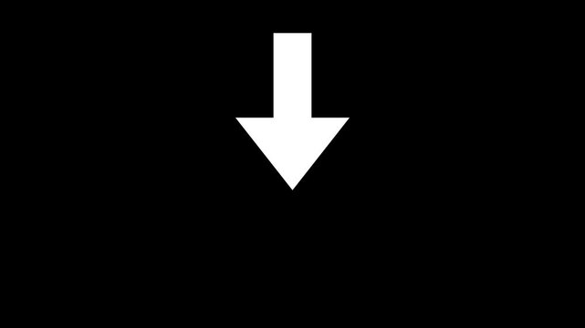 White downward arrow icon on black with clean minimalist design. Simple directional graphic element for user interface, navigation, and motion graphics projects.