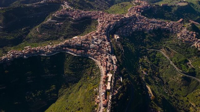 Centuripe Sicily aerial view of lush hilltop mountain town commune revealing Enna province of Italy
