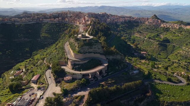 Villa Corradino, Centuripe aerial view winding Via Lazio road to the lush Italian mountain town