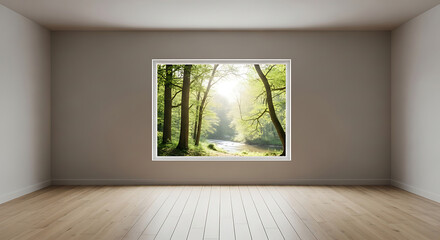 A serene forest landscape photograph displayed on a wall in a bright and empty room with light wooden flooring and soft natural lighting