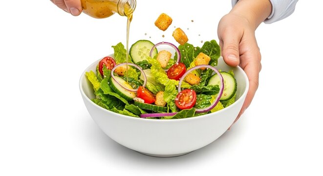 A person pours dressing over a fresh salad with lettuce cucumbers tomatoes croutons and red onions in a white bowl