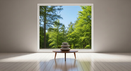 A serene empty room with a wooden table and stacked stones by the window overlooking a lush green forest on a sunny day from inside