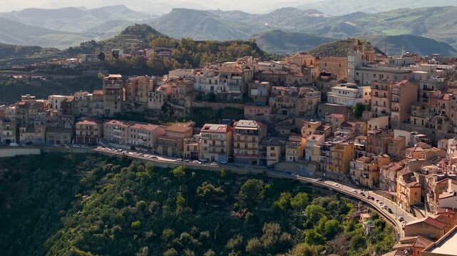 Aerial view over the historic picturesque hill town of Centuripe on the lush mount Etna in Italy