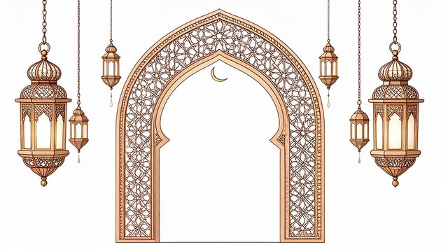 Rustic Ramadan Arch Frame with Lanterns and Crescent Decor