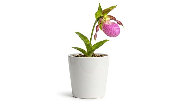A potted ladys slipper orchid displays a pink pouchlike flower against a white background