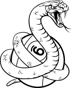 Snake nine ball pool billiards sports mascot holding a 9 ball cartoon illustration