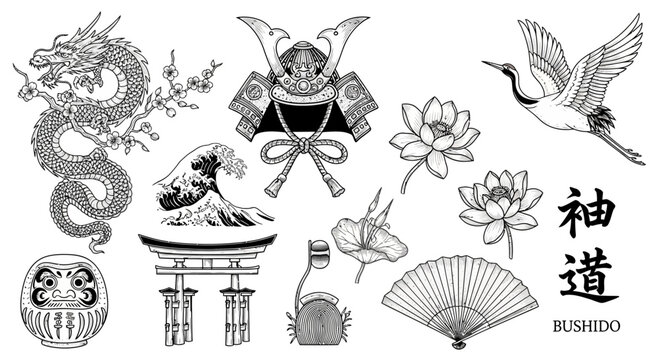 Japanese Tattoo Elements Set: Dragon, Crane, Lotus, and More