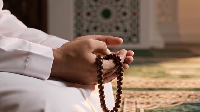 Close up of hands holding prayer beads in a religious setting