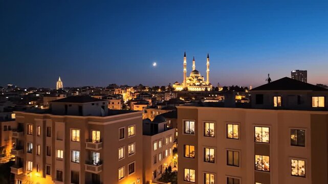 Nighttime urban scene featuring lit buildings and a distant illuminated mosque