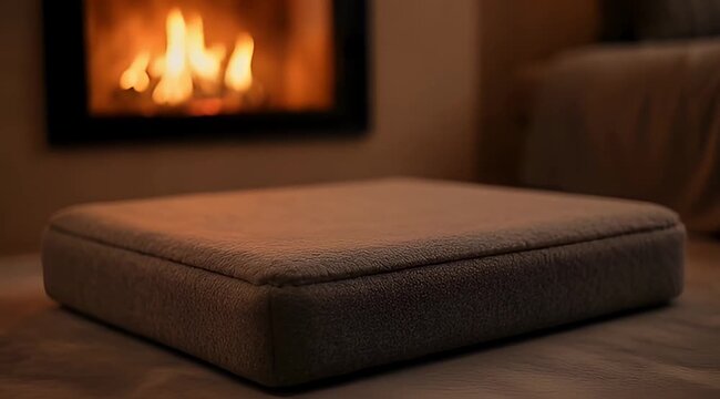 Soft square ottoman in a warm cozy room with a fireplace burning