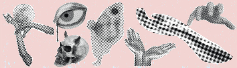Surreal Grayscale Collage Featuring Moon Sphere, Eye, Tear, Butterfly, Face, Skull, and Hands on Pale Pink Background