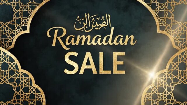 Ramadan Sale golden text on dark green background with arabesque pattern