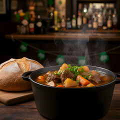 Delicious beef stew with fresh herbs in cast iron pot St. Patrick's Day