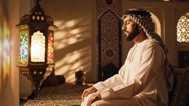 Man in traditional arabian clothing praying indoors with a colorful lantern