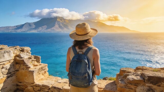 Solo traveler with backpack standing on cliff overlooking blue sea and distant island,sunset adventure,freedom exploration and inspirational travel lifestyle concept